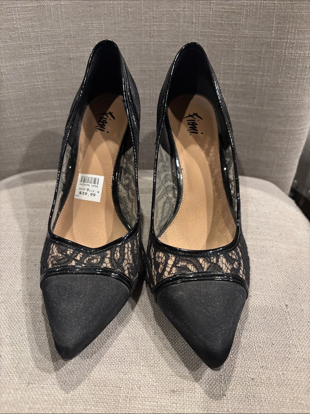 Black Lace Pointed Toe heels with Patent Trim